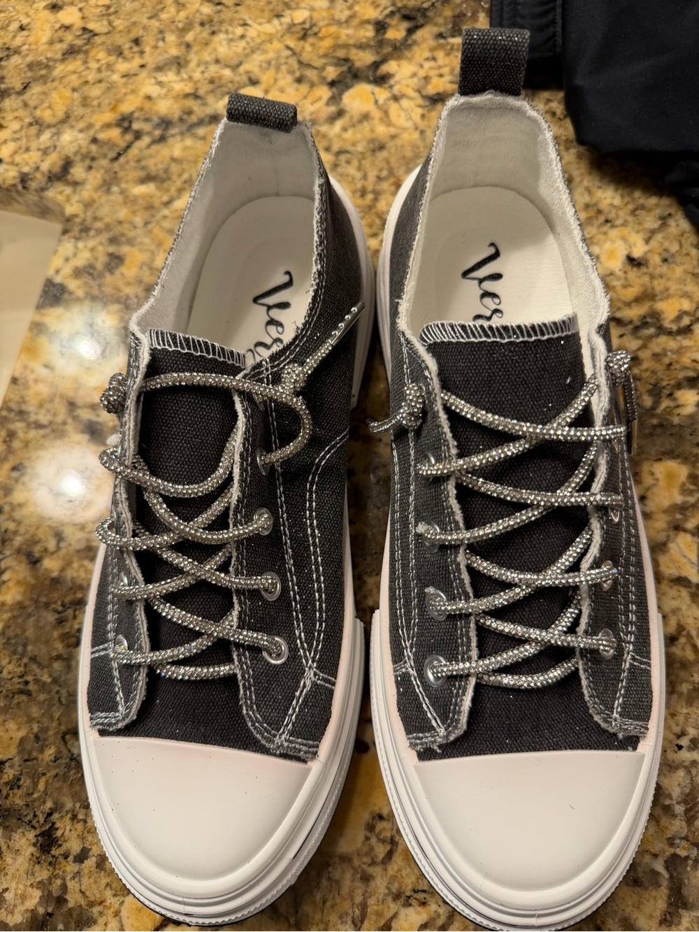 New Very G Black Canvas Low-Top Sneakers with Silver Sparkle Laces